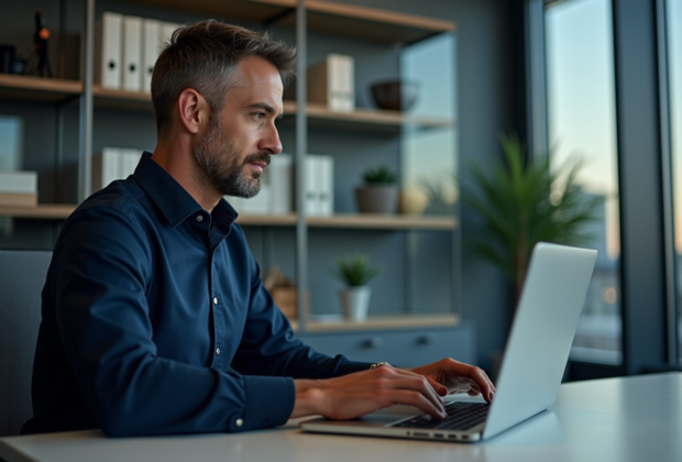 Homme IT d'âge moyen travaillant sur un ordinateur dans un bureau moderne