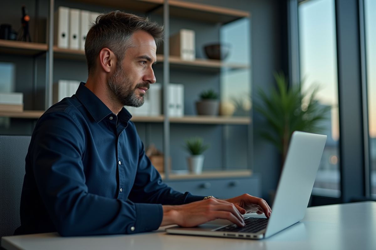 Homme IT d'âge moyen travaillant sur un ordinateur dans un bureau moderne
