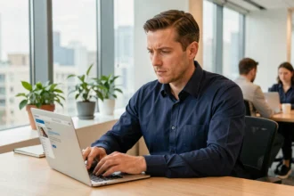 Professionnel travaillant sur sa messagerie Mel dans un bureau moderne avec connexion sécurisée