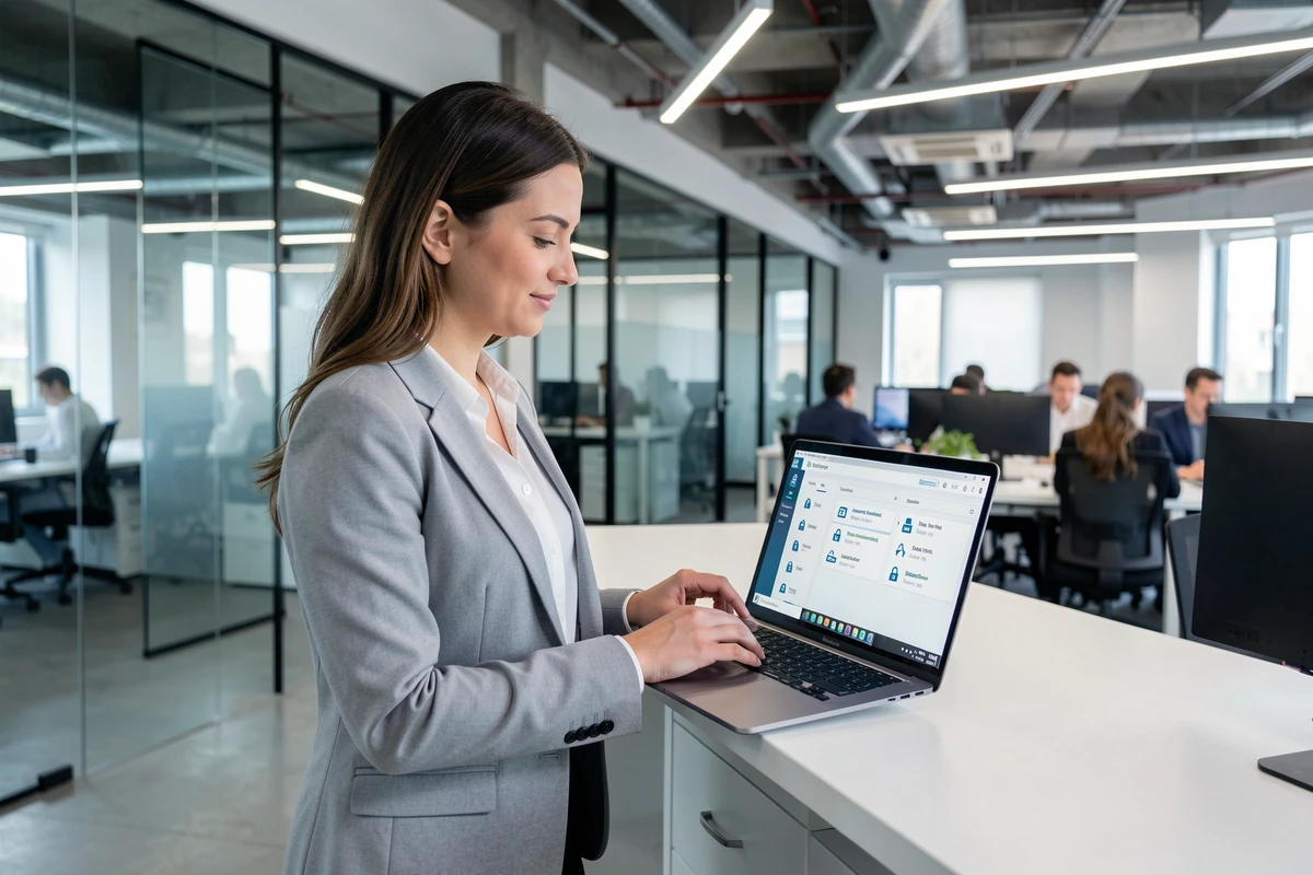 Professionnelle en open space administrant des ordinateurs à distance de façon sécurisée avec Specrem