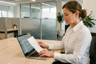 Professionnelle en bureau consultant un contrat Word imprimé et un ordinateur portable avec un document ouvert dans Microsoft Word