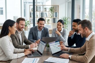 Groupe de professionnels en réunion autour d'un projet ERP