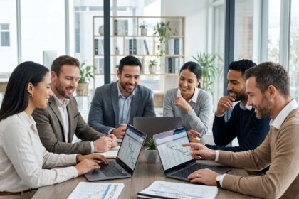 Groupe de professionnels en réunion autour d'un projet ERP