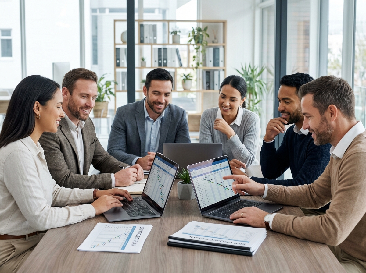 Groupe de professionnels en réunion autour d'un projet ERP