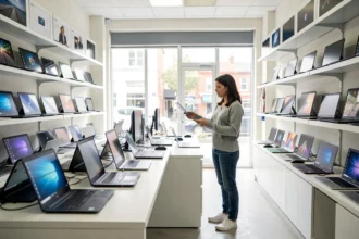 Rayon d'un magasin informatique avec ordinateurs portables et écrans