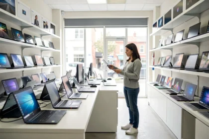 Rayon d'un magasin informatique avec ordinateurs portables et écrans