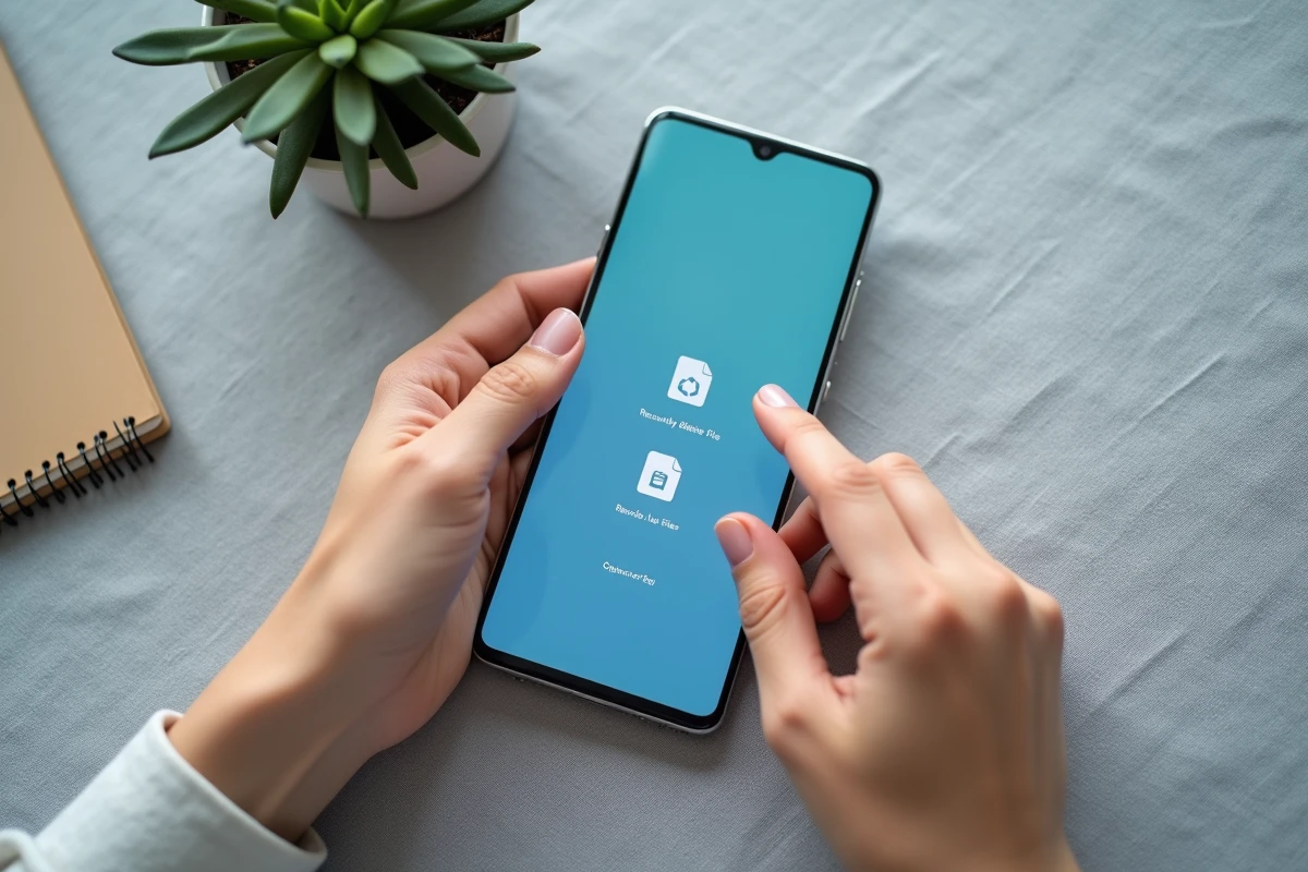 Vue aérienne d'un Samsung Galaxy affichant l'interface de récupération de fichiers supprimés avec icône de corbeille visible