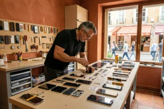 Atelier de réparation de smartphones dans l'Hérault avec technicien au travail sur un établi rempli d'outils et de pièces détachées