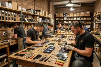 Atelier de réparation de smartphones dans le Bas-Rhin avec plusieurs techniciens travaillant sur des appareils mobiles