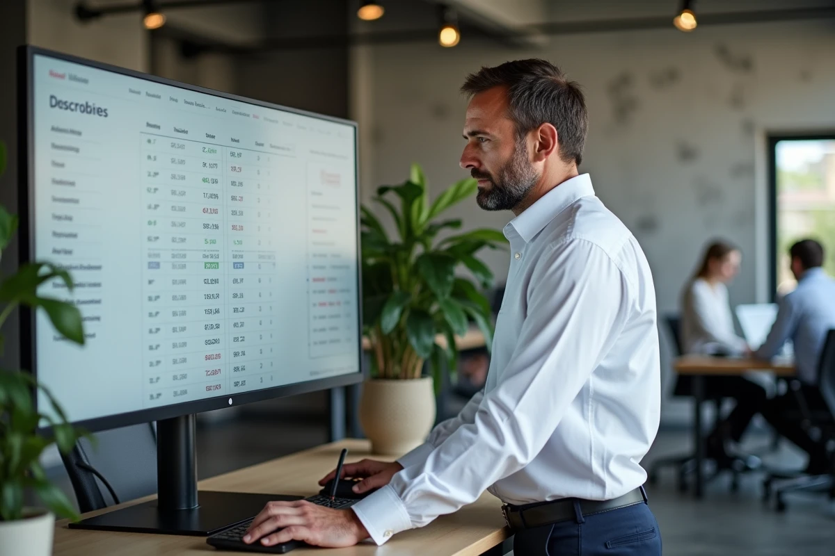 Responsable juridique comparant les offres tarifaires d'un logiciel juridique sur écran en open space