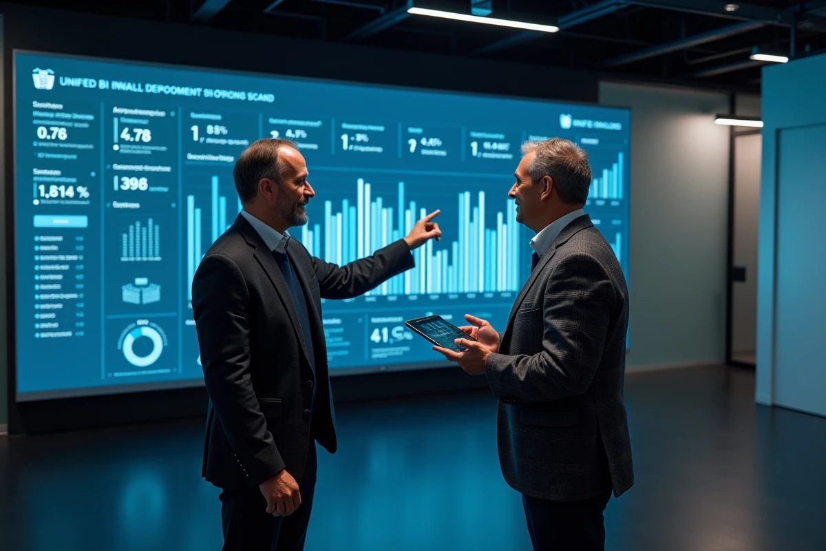 Deux responsables métier et IT alignés devant un écran interactif affichant un tableau de bord BI unifié avec indicateurs partagés