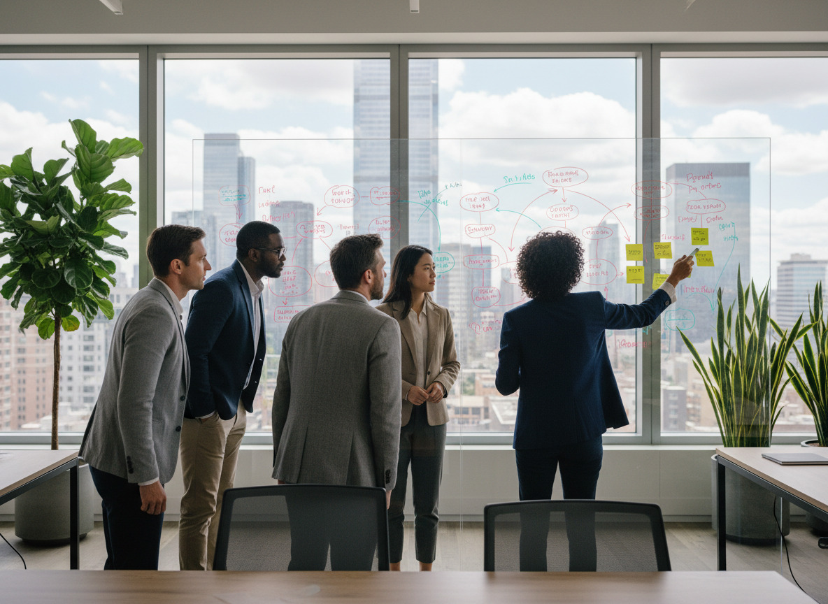 Équipe diverse discutant devant un tableau avec cartes mentales
