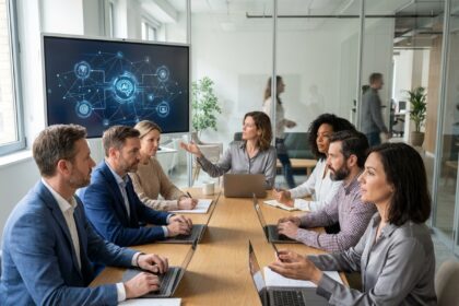 Groupe de professionnels autour d'une table avec affichage IA