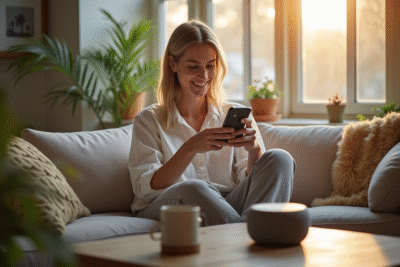 Salon moderne matin avec femme configurant enceinte connectee