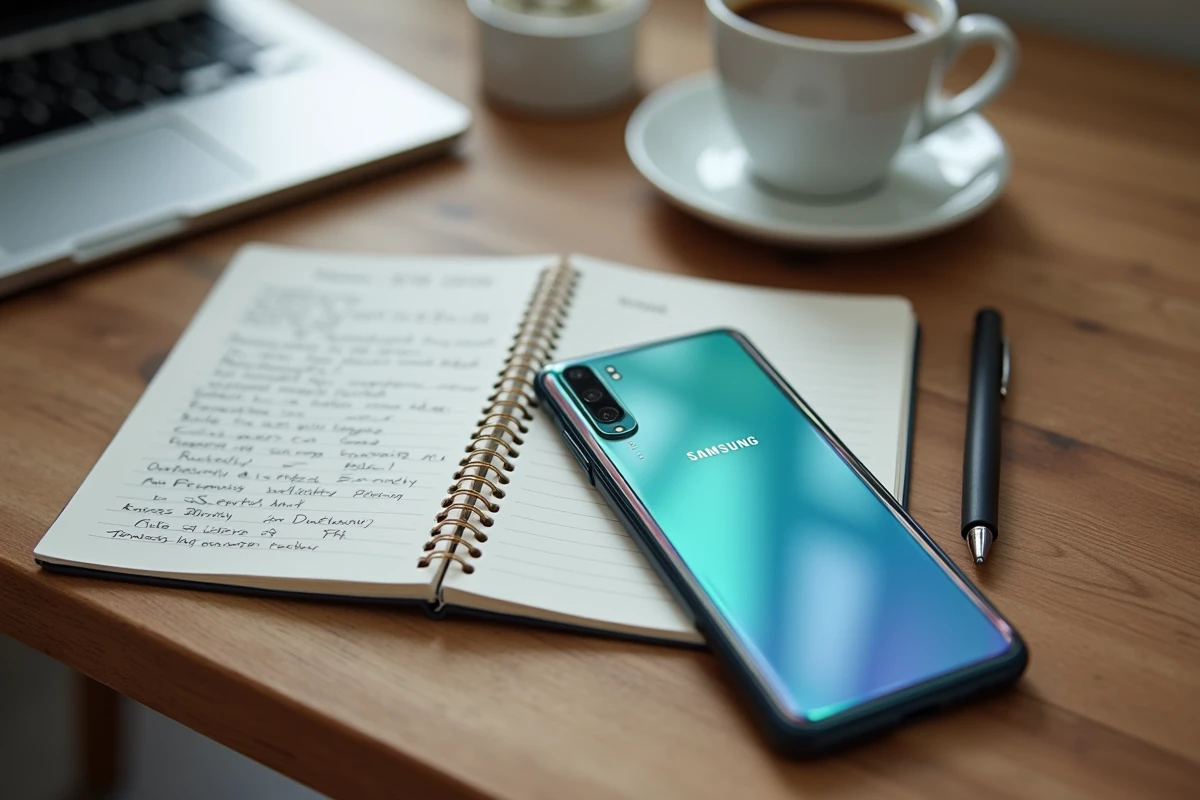 Samsung Galaxy A05s posé sur un bureau en bois avec des notes de comparaison d'achat en 2026