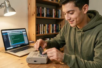 Jeune homme insérant une cartouche GBA Pokemon dans une console Game Boy Advance sur un bureau en bois avec des jeux rétro en arrière-plan