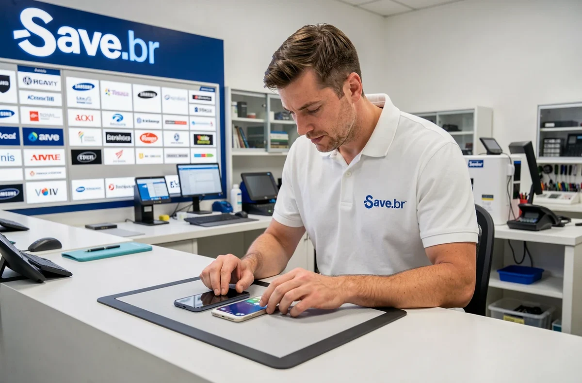Technicien de l'enseigne nationale Save Montpellier comparant deux smartphones multimarques sur un comptoir de réparation spécialisé