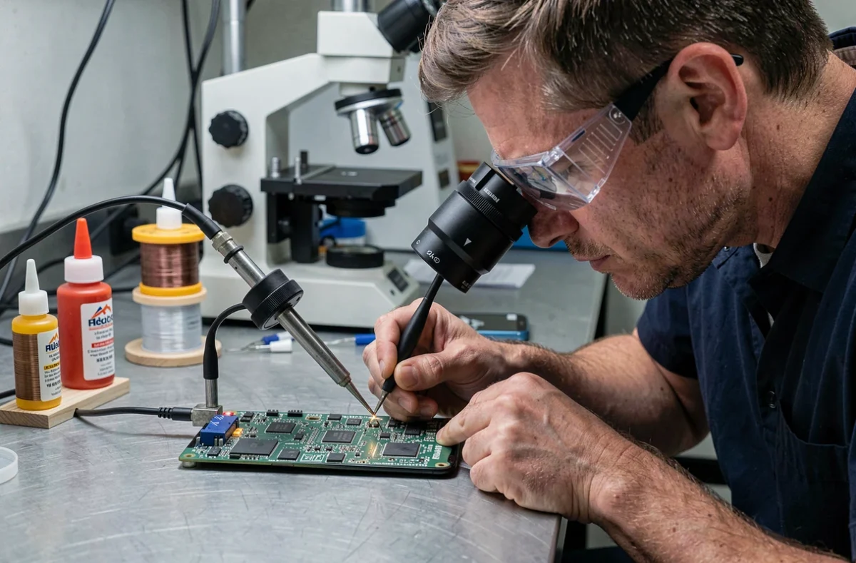 Technicien spécialisé en micro-soudure réparant une carte mère de smartphone sous microscope dans l'atelier SEB117.FR à Montpellier