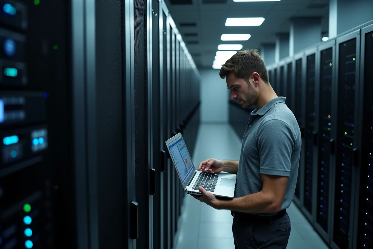Technicien informatique vérifiant les alertes de sécurité anti-spam dans une salle de serveurs universitaire