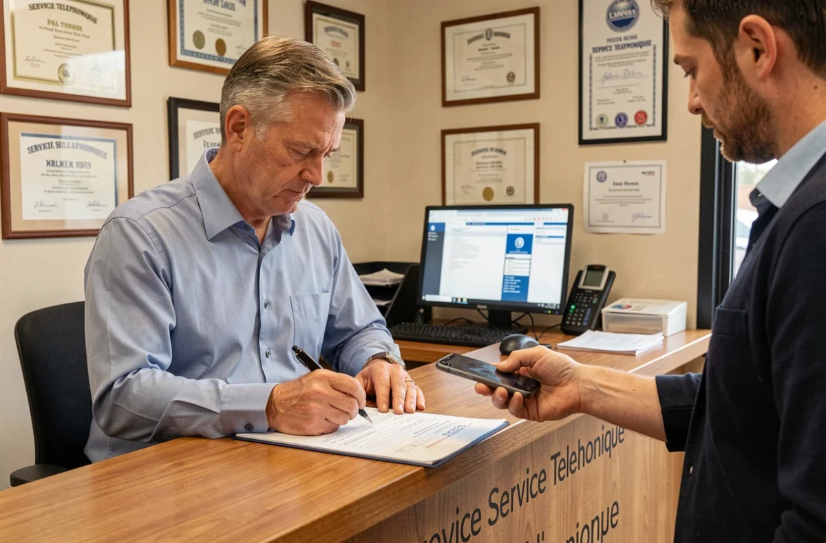 Technicien de Service Telephonique enregistrant un bon de réparation pour un client apportant un smartphone endommagé