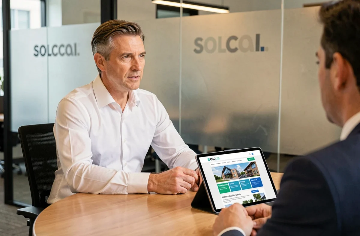 Consultant de Solocal présentant une proposition de site web local à un client autour d'une table de réunion professionnelle