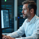 Homme en chemise blanche vérifiant un certificat digital en bureau moderne