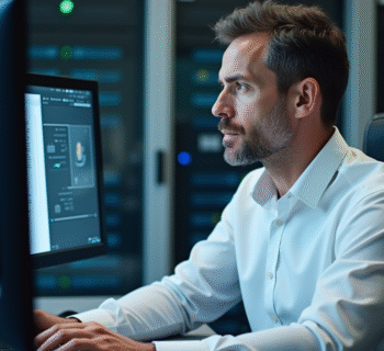 Homme en chemise blanche vérifiant un certificat digital en bureau moderne