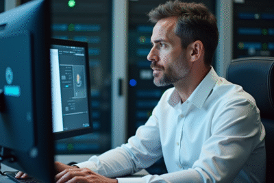 Homme en chemise blanche vérifiant un certificat digital en bureau moderne