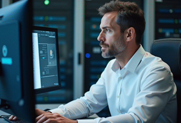 Homme en chemise blanche vérifiant un certificat digital en bureau moderne