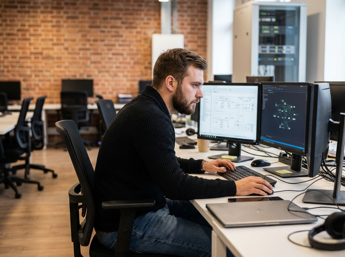 Jeune homme informatique concentré sur ses écrans