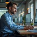 Jeune homme en informatique concentré sur son ordinateur
