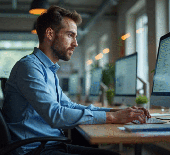 Jeune homme en informatique concentré sur son ordinateur