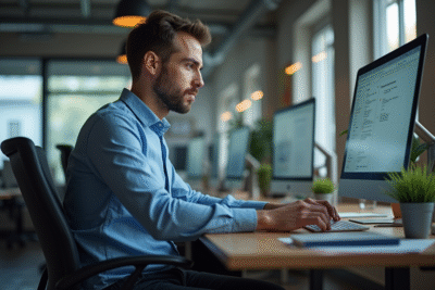 Jeune homme en informatique concentré sur son ordinateur