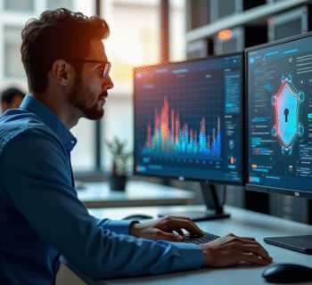 Spécialiste en sécurité informatique analysant des graphiques de protection
