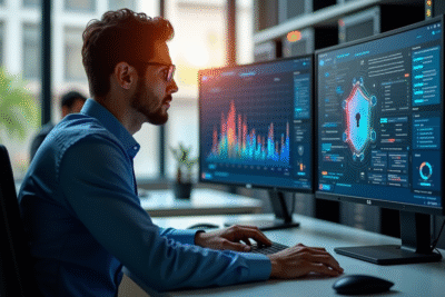 Spécialiste en sécurité informatique analysant des graphiques de protection
