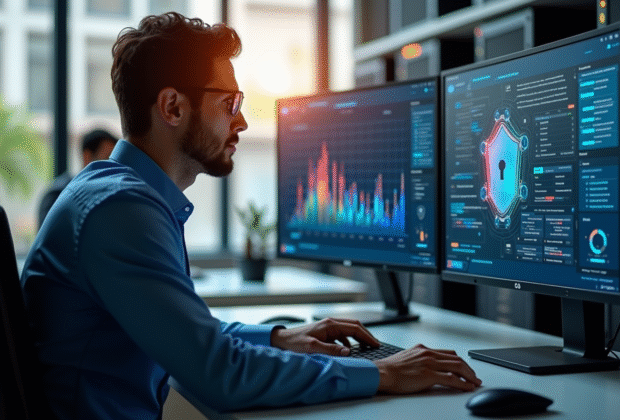 Spécialiste en sécurité informatique analysant des graphiques de protection
