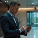Homme en costume vérifiant une tablette de sécurité dans un lobby moderne