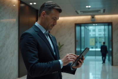 Homme en costume vérifiant une tablette de sécurité dans un lobby moderne