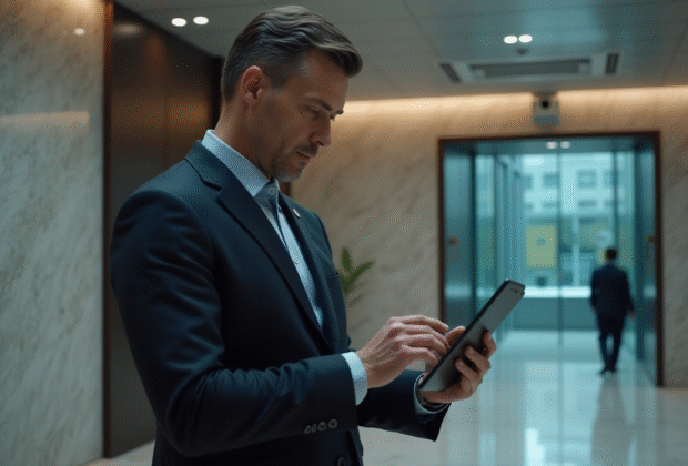 Homme en costume vérifiant une tablette de sécurité dans un lobby moderne