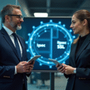 Deux spécialistes IT discutent dans un bureau moderne avec écran réseau