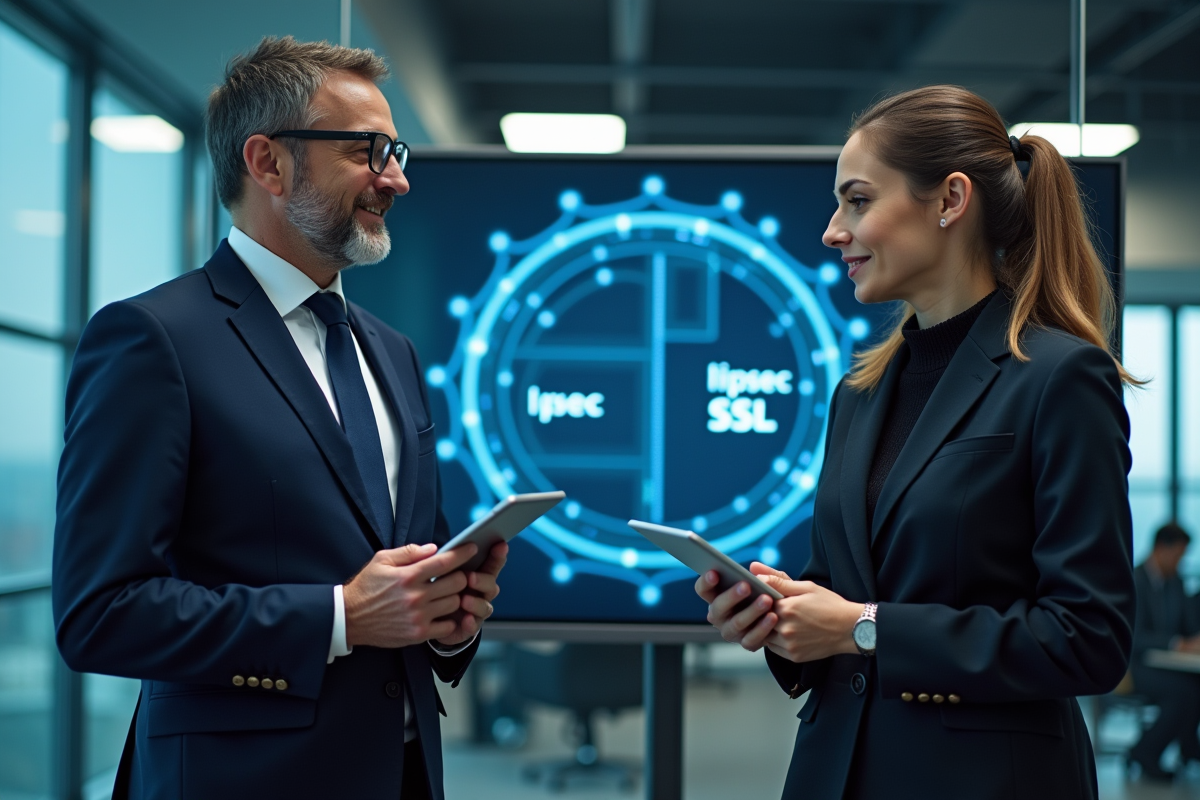 Deux spécialistes IT discutent dans un bureau moderne avec écran réseau