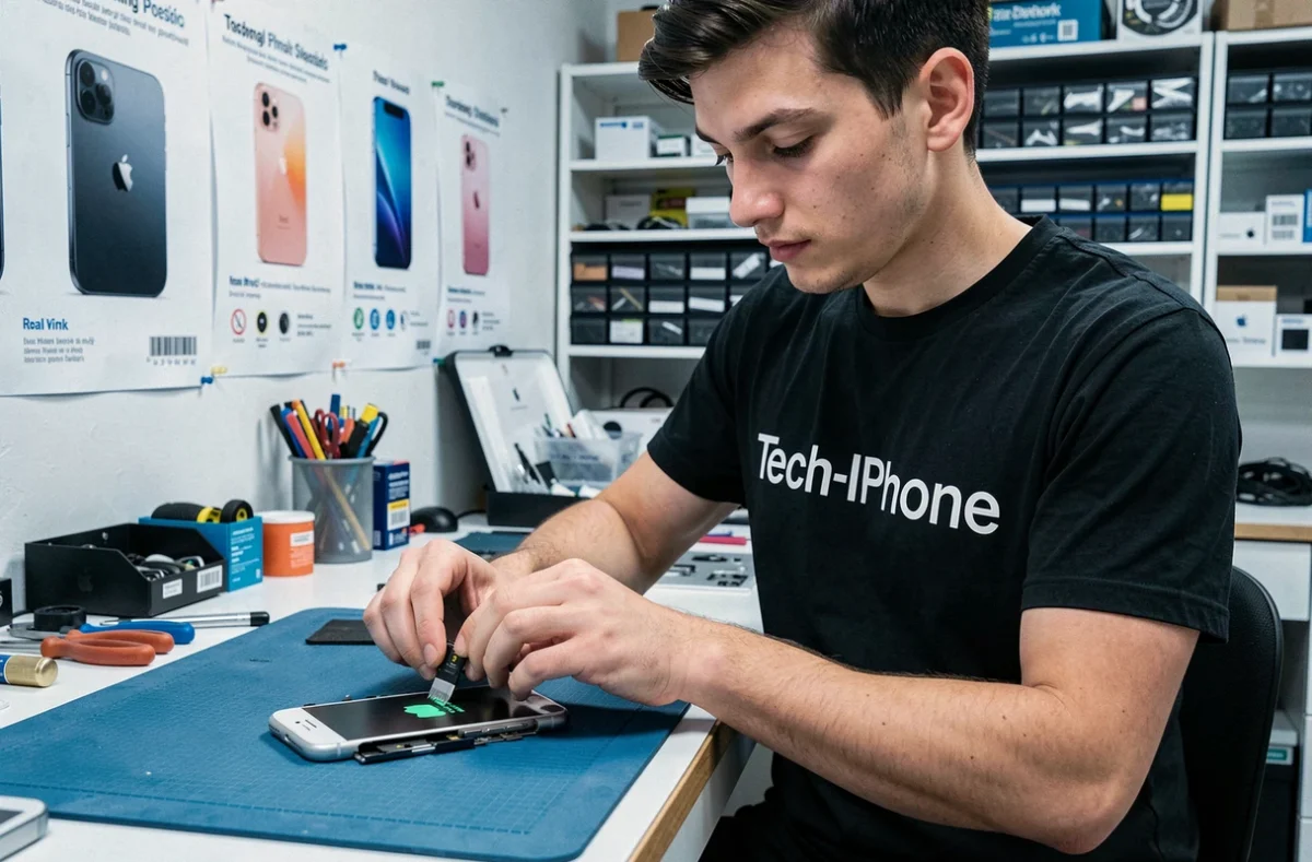 Technicien Tech-Iphone installant une nouvelle batterie dans un iPhone désassemblé