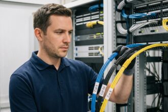 Technicien informatique comparant des câbles Ethernet Cat 6, Cat 6a et Cat 8 dans une salle serveur professionnelle