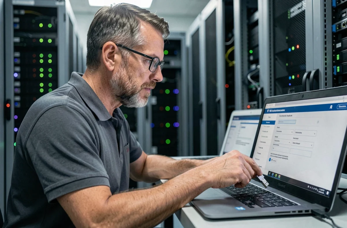 Technicien en sécurité informatique configurant une clé physique pour l'authentification deux facteurs TBS