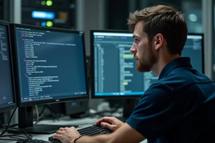 Technicien informatique configurant des adresses IPv4 sur plusieurs écrans dans une salle réseau professionnelle