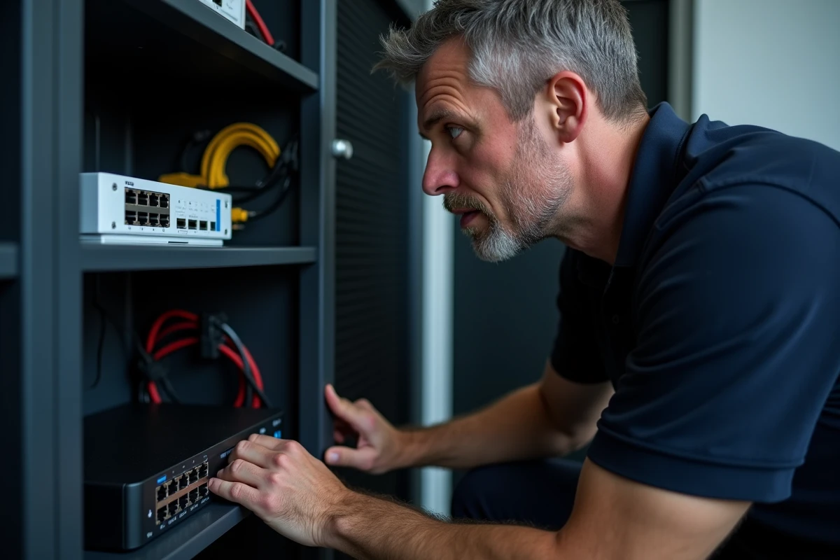 Technicien examinant un routeur et des voyants réseau dans un local technique pour diagnostiquer une panne de webmail