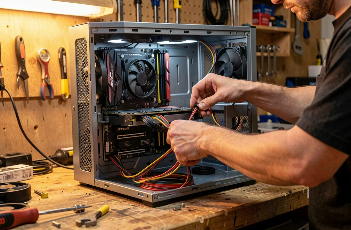 Technicien montant un PC sur mesure dans un atelier