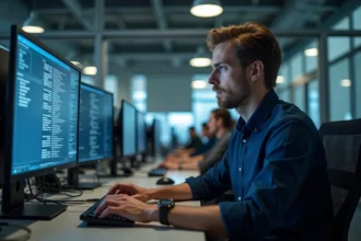 Technicien informatique configurant un réseau d'entreprise depuis un poste de travail avec doubles écrans dans un open space moderne