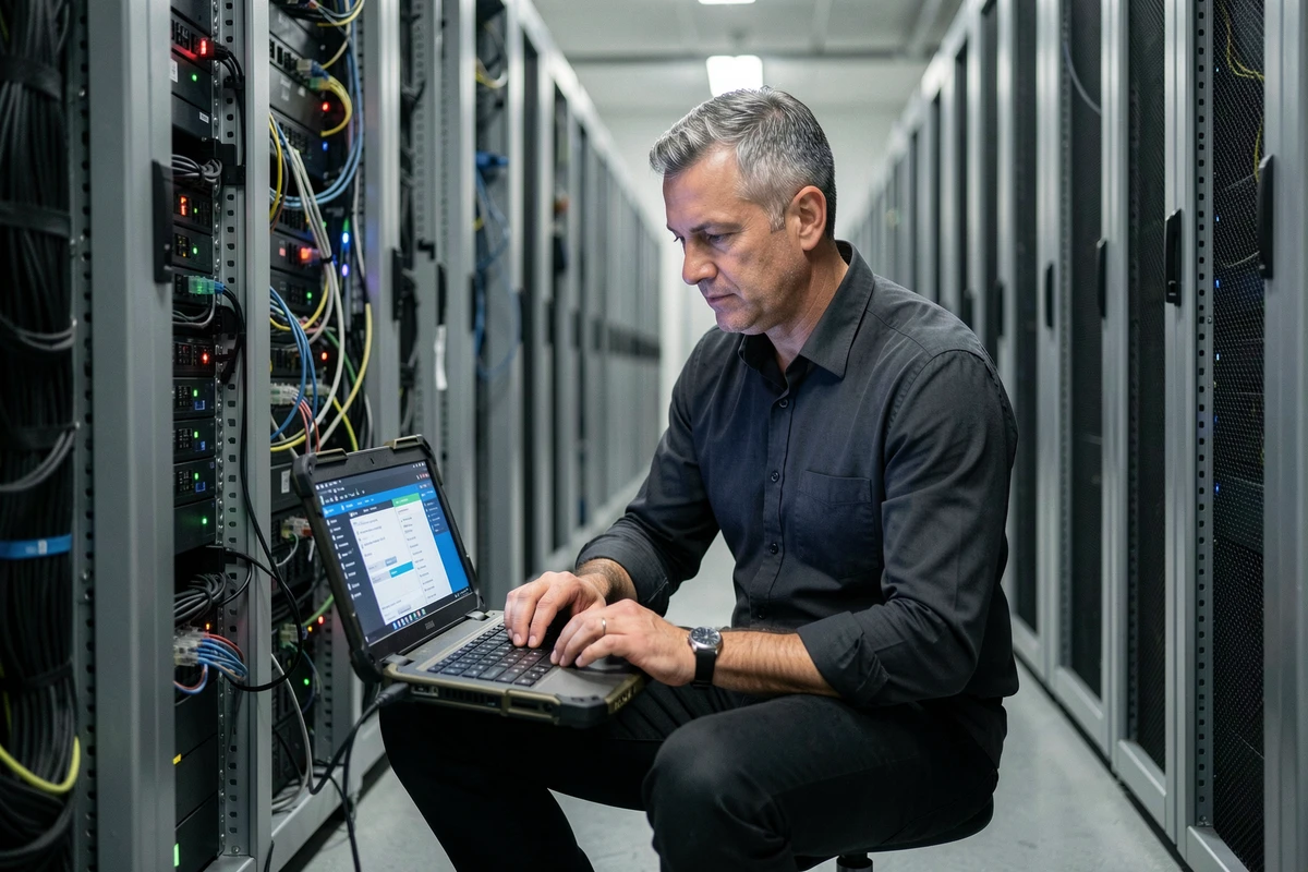 Technicien IT dans une salle serveur gérant des PC à distance en sécurité via Specrem