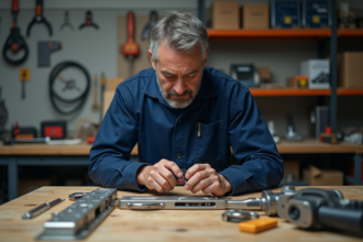 Technicien en tenue de travail assemble un dispositif de securite en atelier